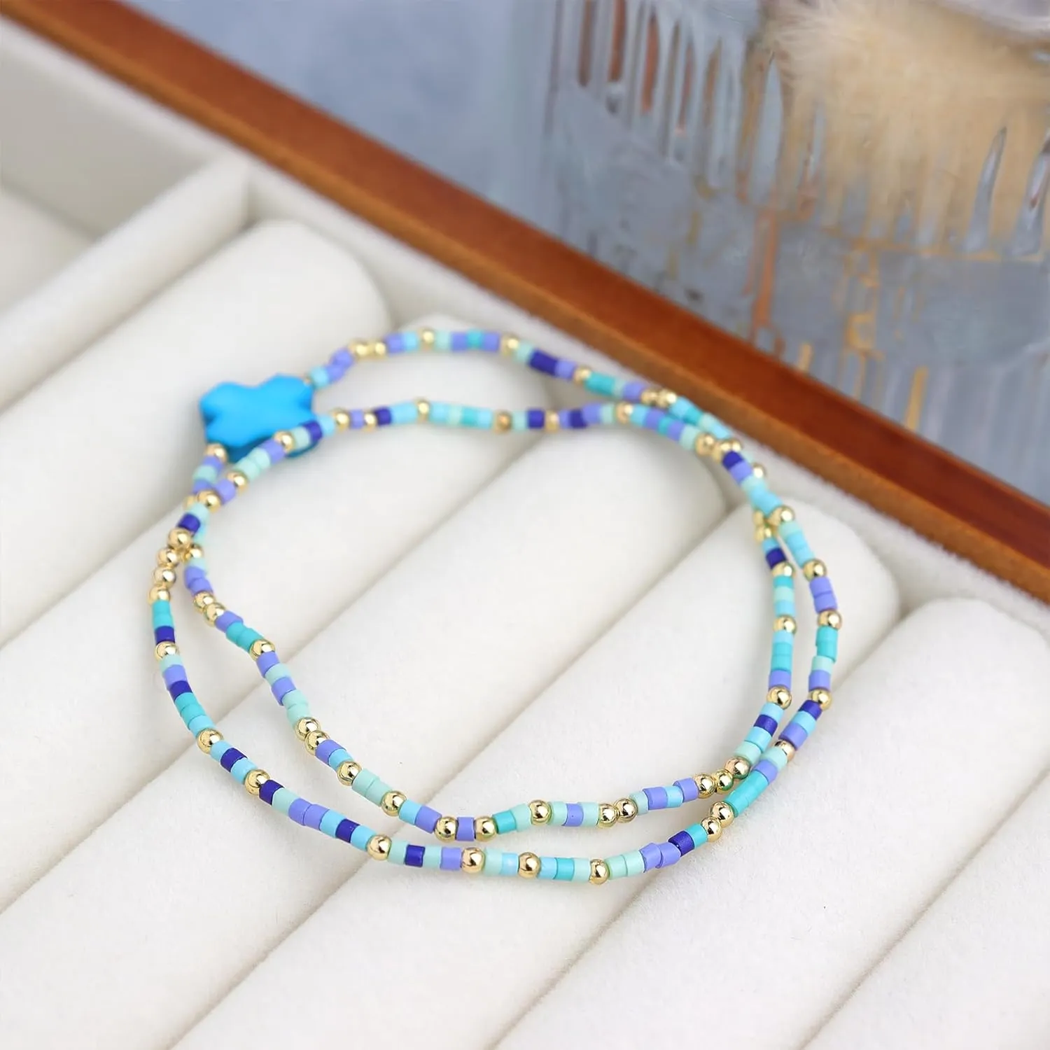 Colorful Cross Beaded Stretch Bracelets Stacks Set for Women, Boho Beach Handmade Stackable Shell Beads Bracelet Summer Jewelry Gift