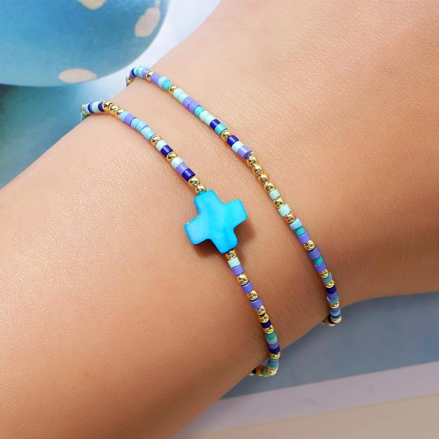 Colorful Cross Beaded Stretch Bracelets Stacks Set for Women, Boho Beach Handmade Stackable Shell Beads Bracelet Summer Jewelry Gift