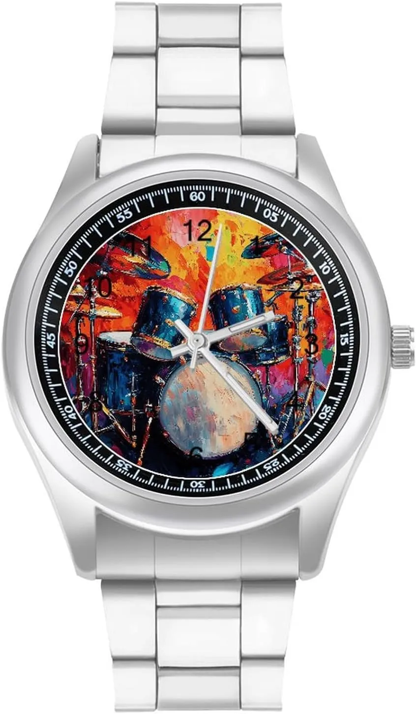 Colorful Drum Musical Instruments Stainless Steel Strap Simple Business Watches for Men Easy Reader Work Casual Watch