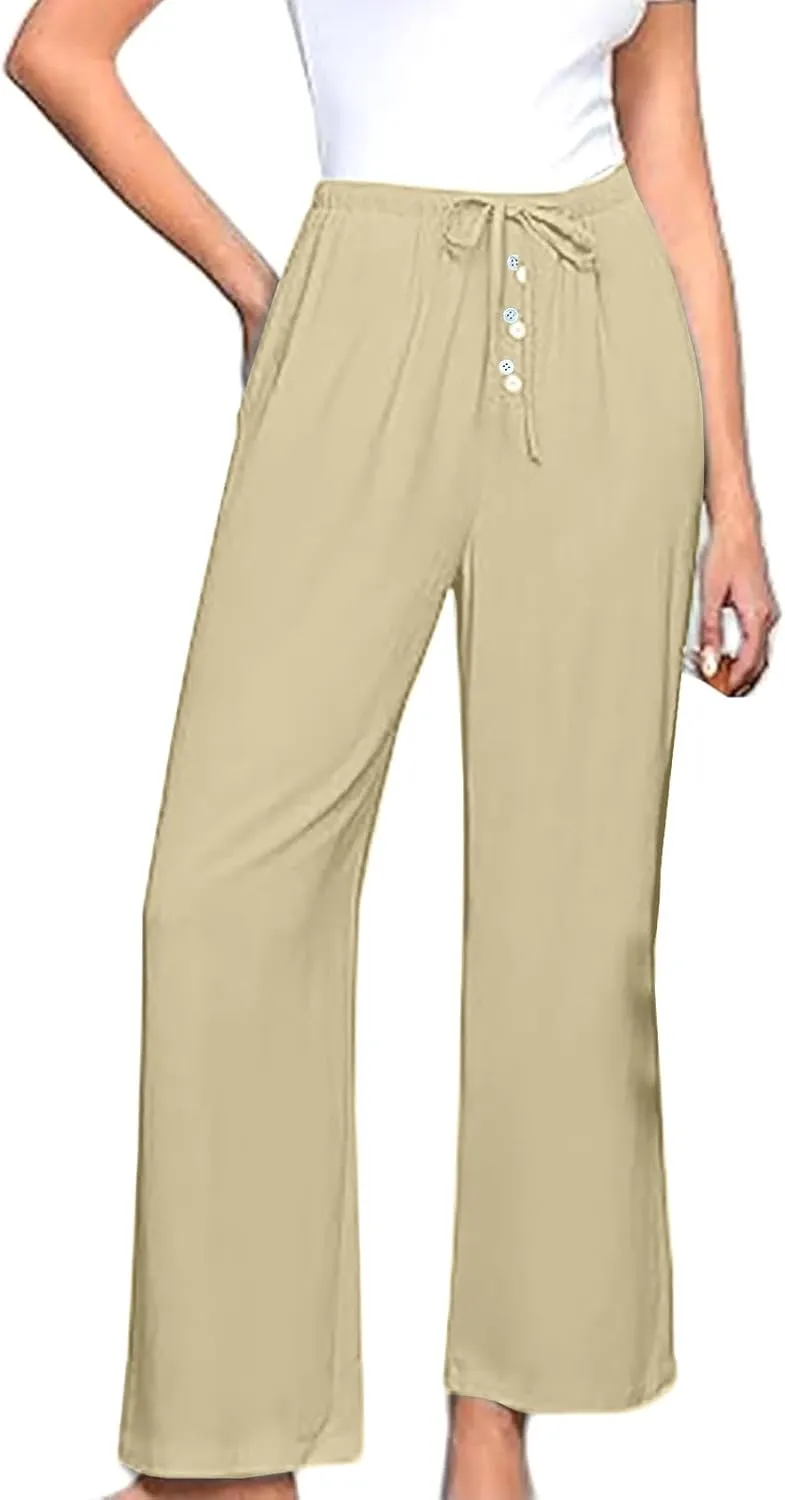 Comfy Pants Women Summer Wide Leg Linen Pants High Waisted Boho Beach Pants Flowy Palazzo Pants Loose Travel Pants