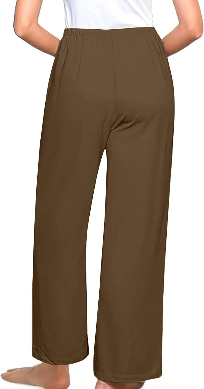 Comfy Pants Women Summer Wide Leg Linen Pants High Waisted Boho Beach Pants Flowy Palazzo Pants Loose Travel Pants