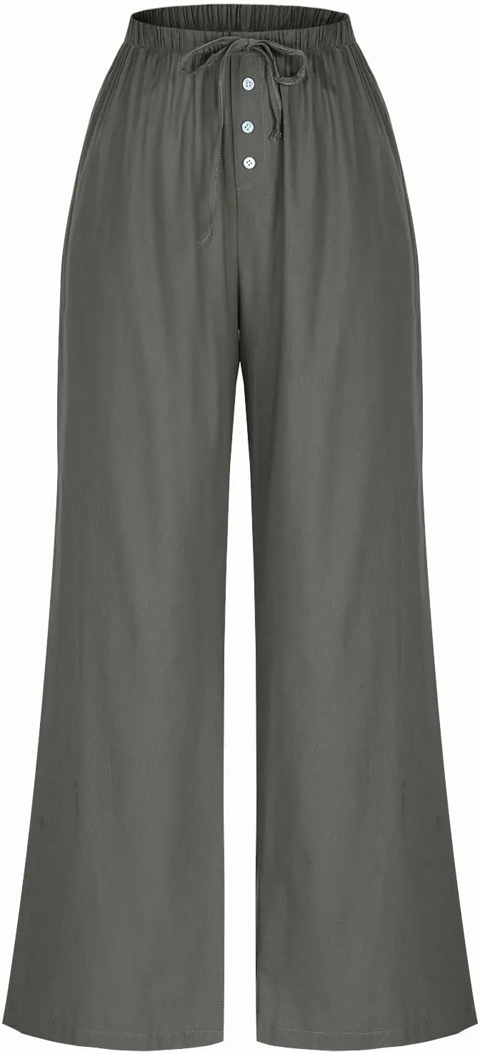 Comfy Pants Women Summer Wide Leg Linen Pants High Waisted Boho Beach Pants Flowy Palazzo Pants Loose Travel Pants