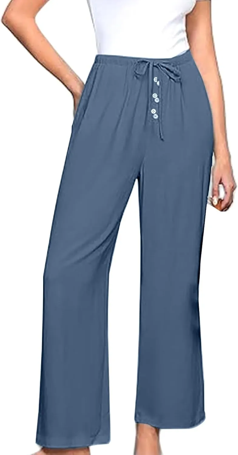 Comfy Pants Women Summer Wide Leg Linen Pants High Waisted Boho Beach Pants Flowy Palazzo Pants Loose Travel Pants