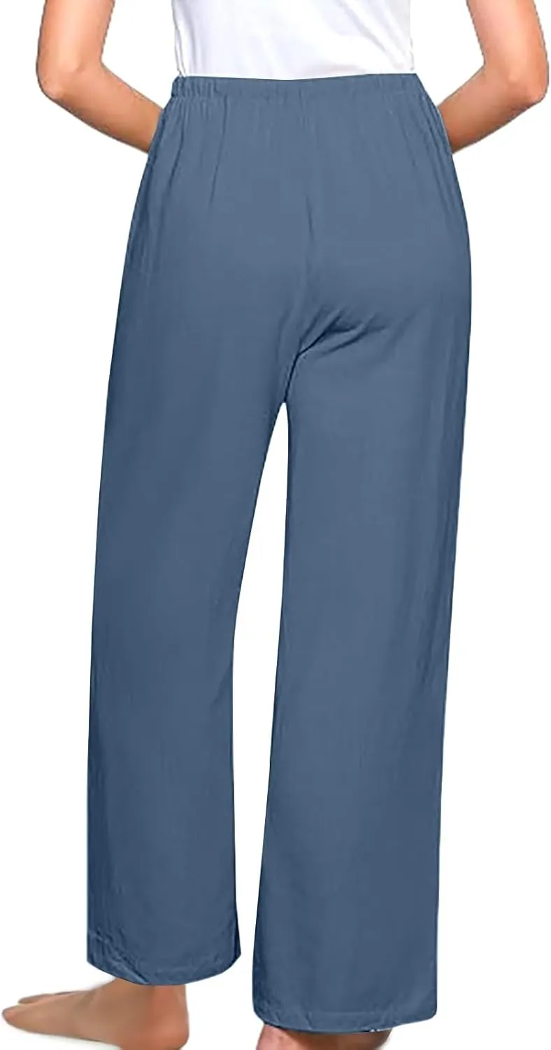 Comfy Pants Women Summer Wide Leg Linen Pants High Waisted Boho Beach Pants Flowy Palazzo Pants Loose Travel Pants