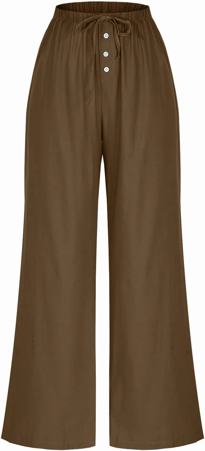 Comfy Pants Women Summer Wide Leg Linen Pants High Waisted Boho Beach Pants Flowy Palazzo Pants Loose Travel Pants