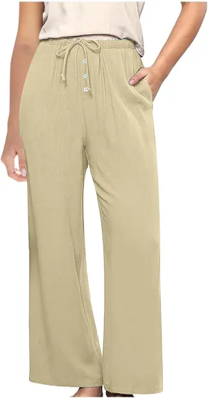 Comfy Pants Women Summer Wide Leg Linen Pants High Waisted Boho Beach Pants Flowy Palazzo Pants Loose Travel Pants