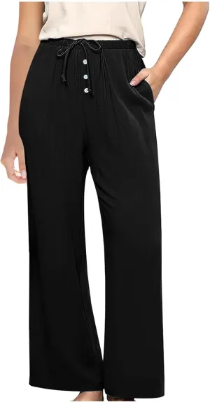 Comfy Pants Women Summer Wide Leg Linen Pants High Waisted Boho Beach Pants Flowy Palazzo Pants Loose Travel Pants