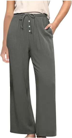 Comfy Pants Women Summer Wide Leg Linen Pants High Waisted Boho Beach Pants Flowy Palazzo Pants Loose Travel Pants