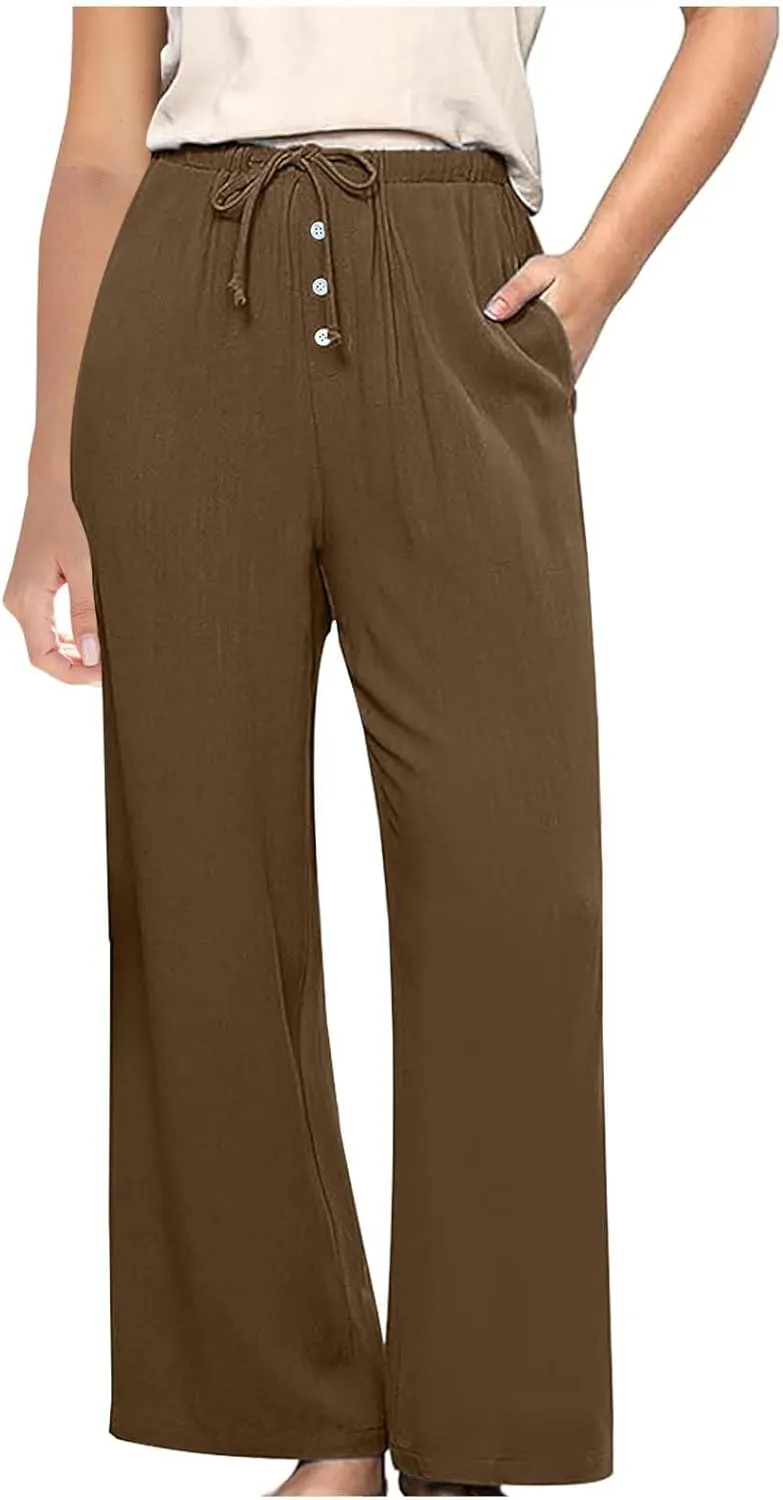 Comfy Pants Women Summer Wide Leg Linen Pants High Waisted Boho Beach Pants Flowy Palazzo Pants Loose Travel Pants