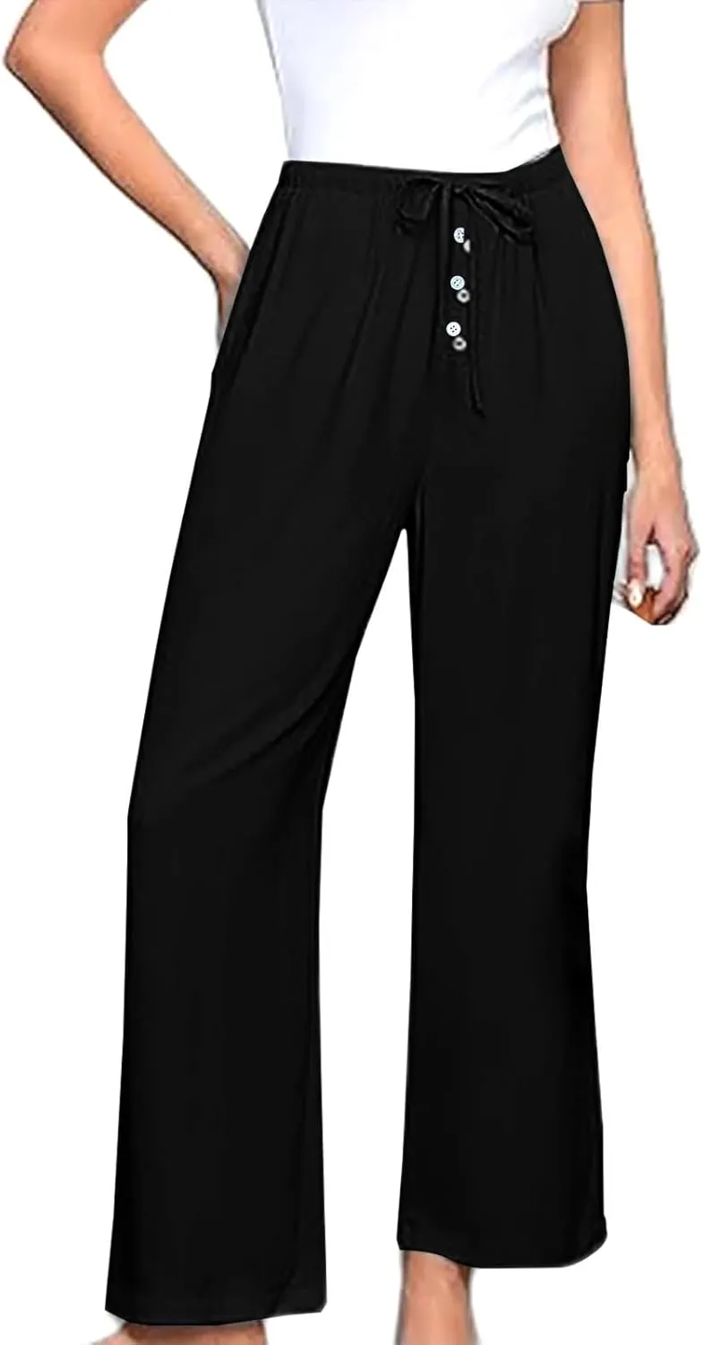 Comfy Pants Women Summer Wide Leg Linen Pants High Waisted Boho Beach Pants Flowy Palazzo Pants Loose Travel Pants