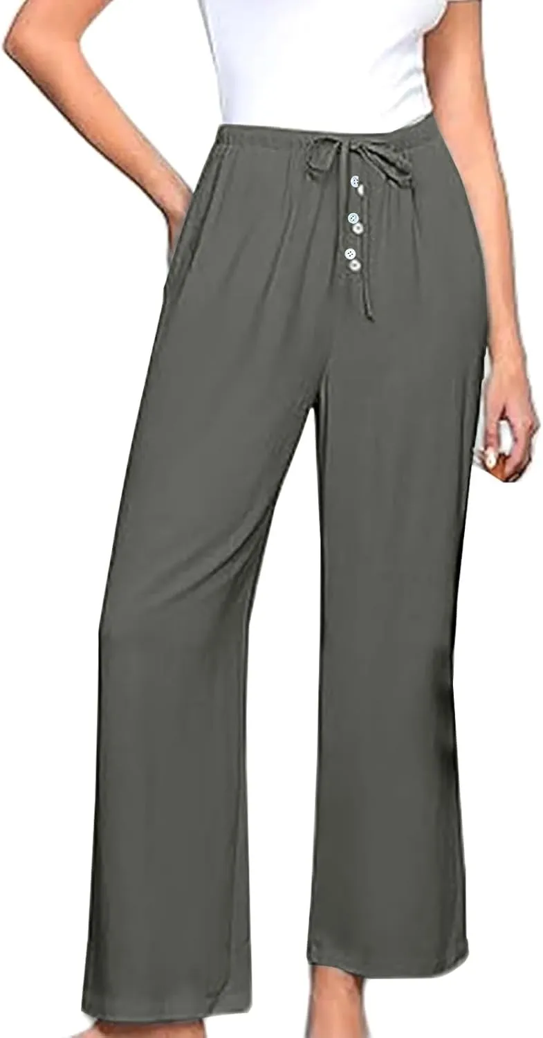 Comfy Pants Women Summer Wide Leg Linen Pants High Waisted Boho Beach Pants Flowy Palazzo Pants Loose Travel Pants