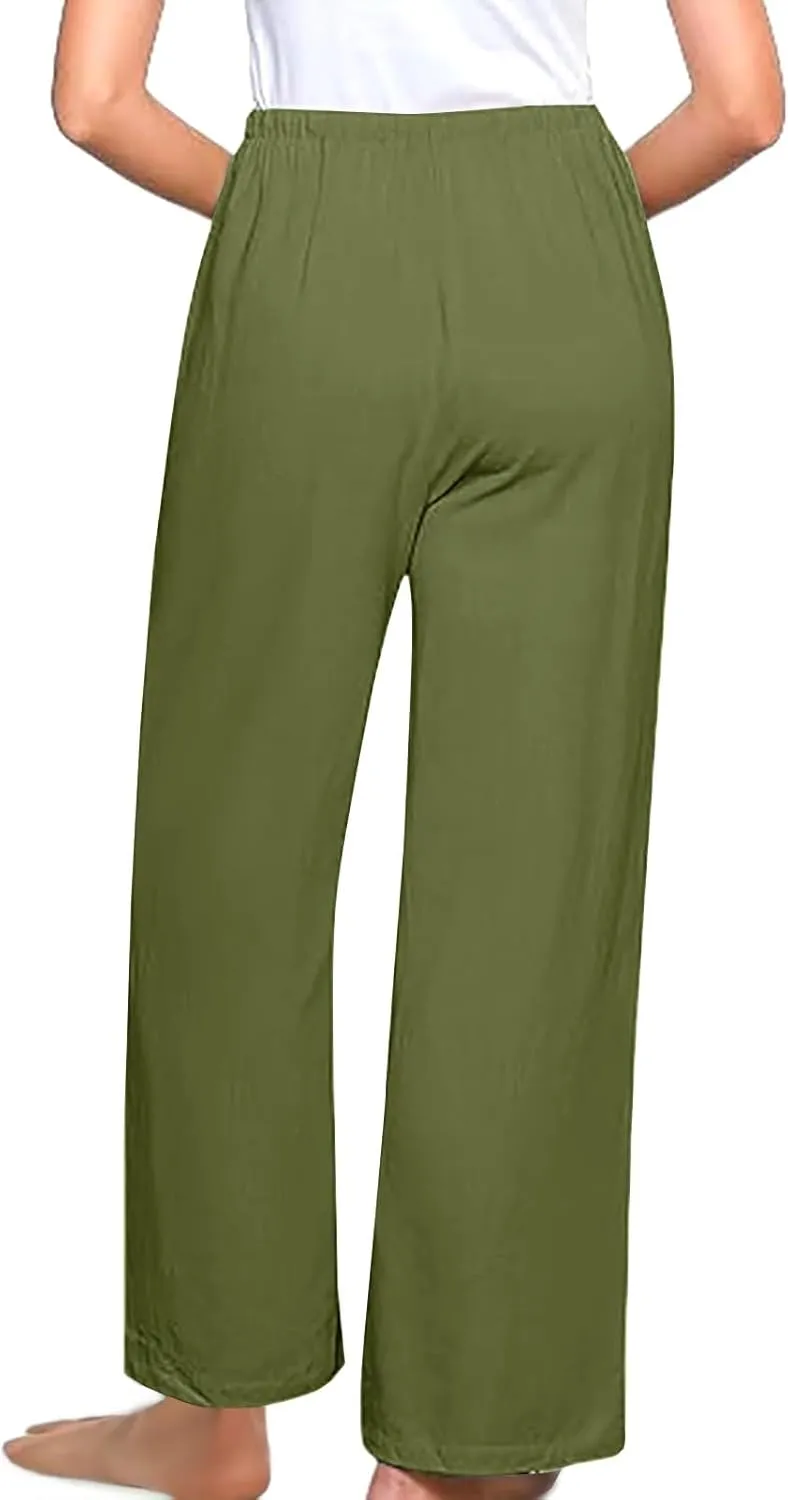 Comfy Pants Women Summer Wide Leg Linen Pants High Waisted Boho Beach Pants Flowy Palazzo Pants Loose Travel Pants