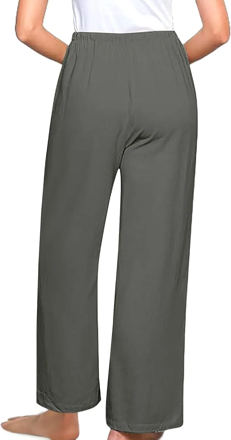 Comfy Pants Women Summer Wide Leg Linen Pants High Waisted Boho Beach Pants Flowy Palazzo Pants Loose Travel Pants