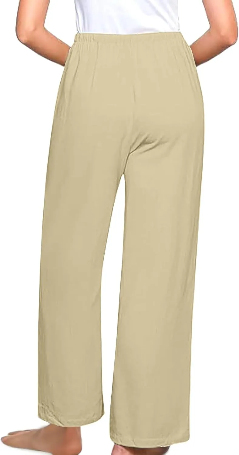 Comfy Pants Women Summer Wide Leg Linen Pants High Waisted Boho Beach Pants Flowy Palazzo Pants Loose Travel Pants