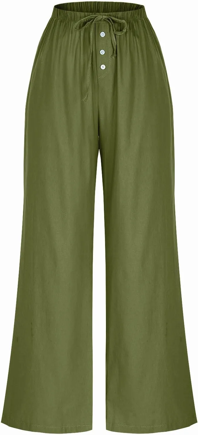 Comfy Pants Women Summer Wide Leg Linen Pants High Waisted Boho Beach Pants Flowy Palazzo Pants Loose Travel Pants