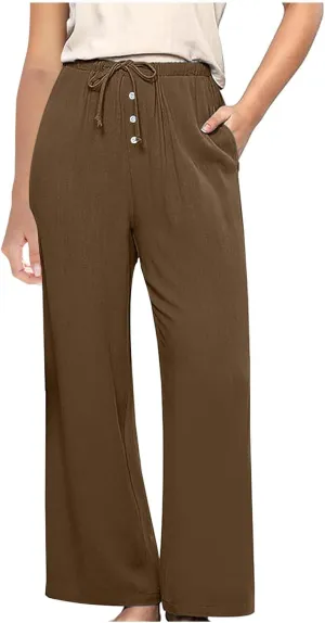 Comfy Pants Women Summer Wide Leg Linen Pants High Waisted Boho Beach Pants Flowy Palazzo Pants Loose Travel Pants