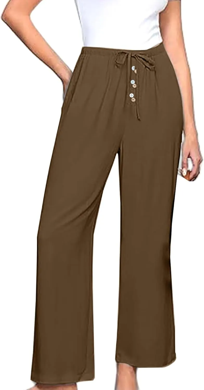 Comfy Pants Women Summer Wide Leg Linen Pants High Waisted Boho Beach Pants Flowy Palazzo Pants Loose Travel Pants