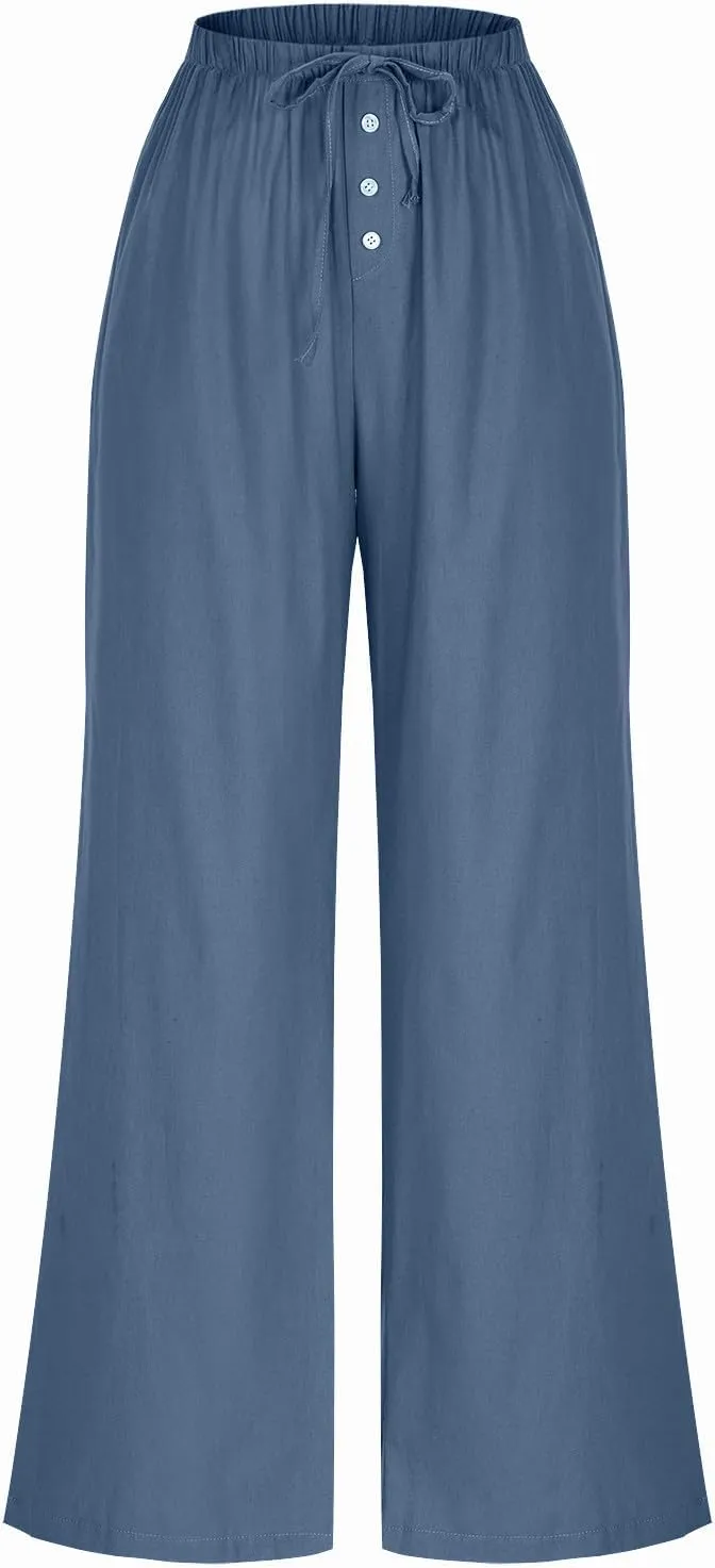 Comfy Pants Women Summer Wide Leg Linen Pants High Waisted Boho Beach Pants Flowy Palazzo Pants Loose Travel Pants