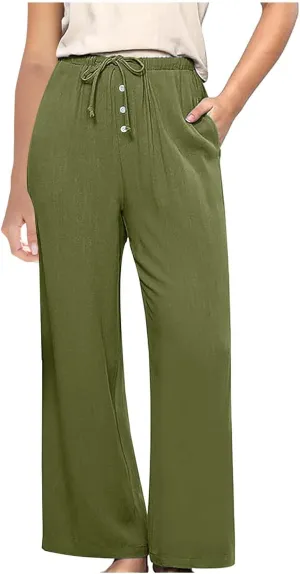 Comfy Pants Women Summer Wide Leg Linen Pants High Waisted Boho Beach Pants Flowy Palazzo Pants Loose Travel Pants