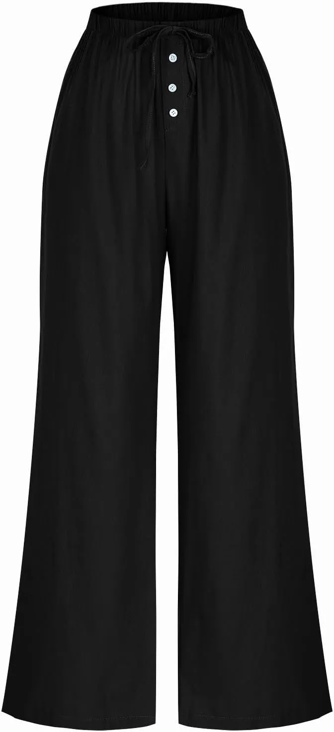 Comfy Pants Women Summer Wide Leg Linen Pants High Waisted Boho Beach Pants Flowy Palazzo Pants Loose Travel Pants