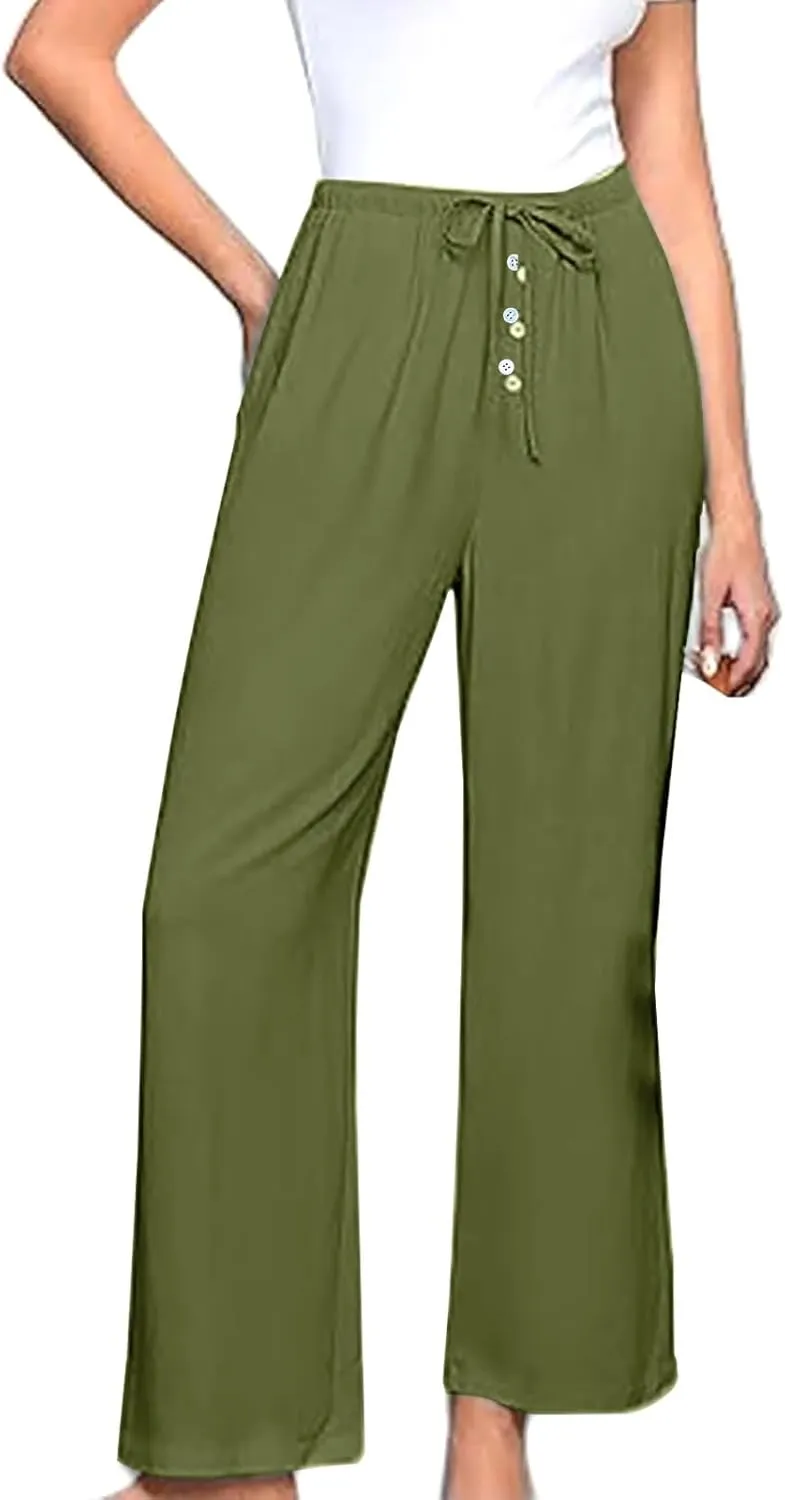 Comfy Pants Women Summer Wide Leg Linen Pants High Waisted Boho Beach Pants Flowy Palazzo Pants Loose Travel Pants