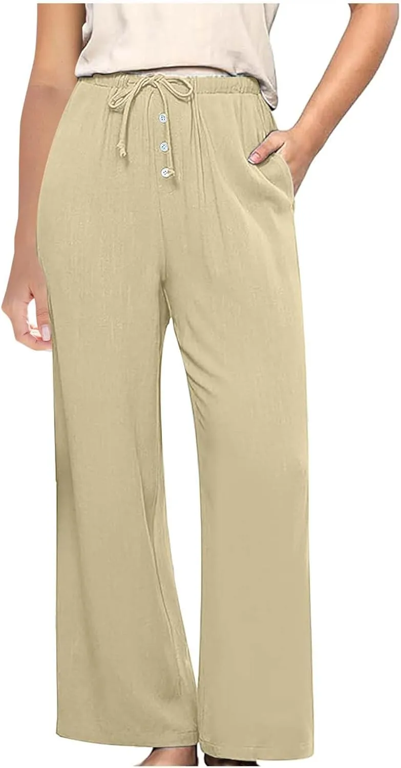 Comfy Pants Women Summer Wide Leg Linen Pants High Waisted Boho Beach Pants Flowy Palazzo Pants Loose Travel Pants