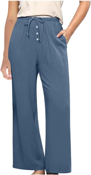Comfy Pants Women Summer Wide Leg Linen Pants High Waisted Boho Beach Pants Flowy Palazzo Pants Loose Travel Pants