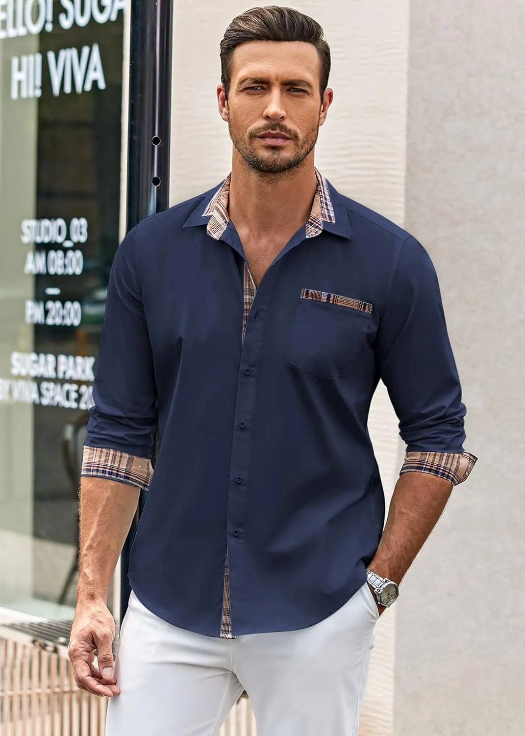 COOFANDY Men's Long Sleeve Dress Shirt Plaid Collar Casual Button Down Shirts