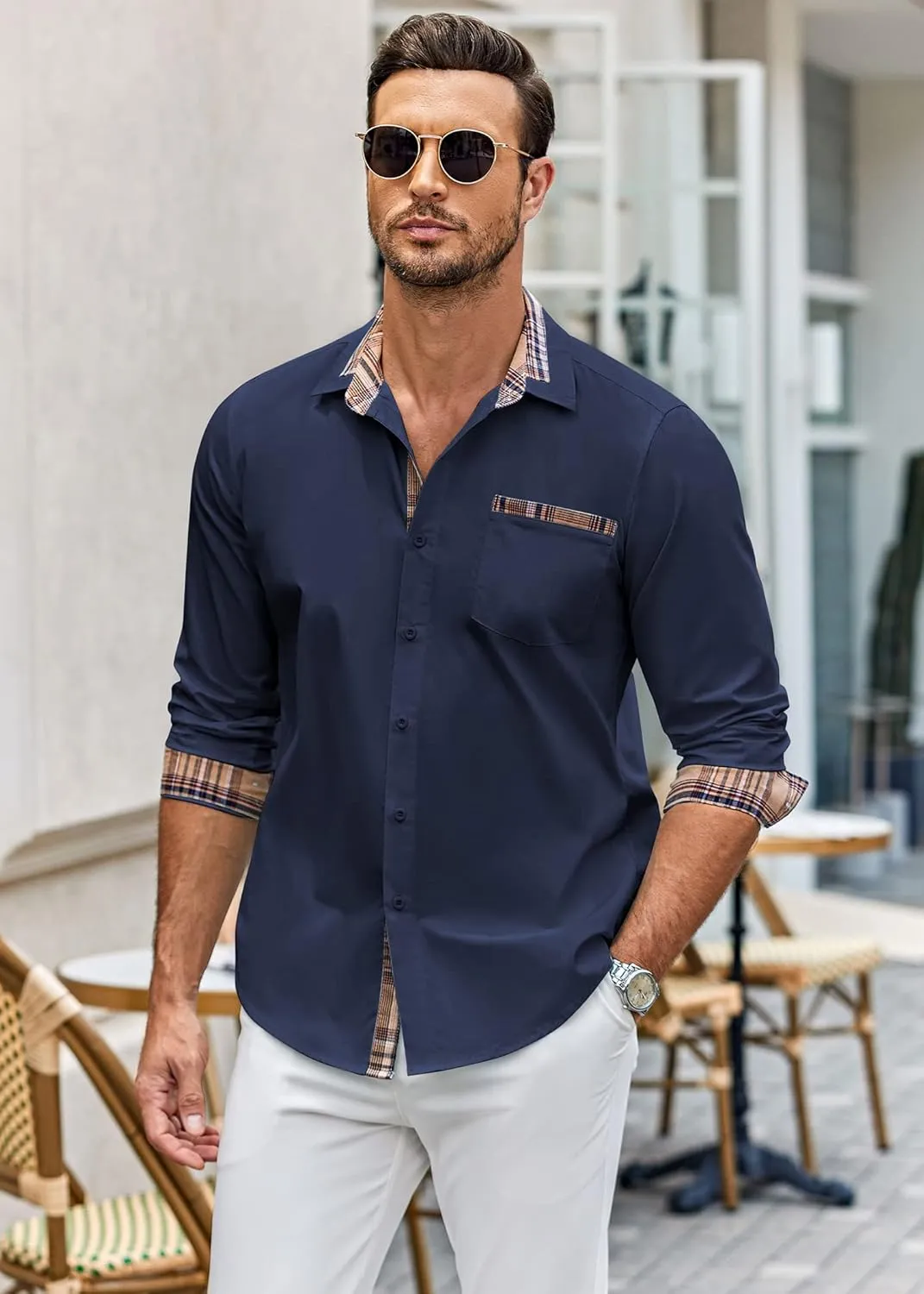 COOFANDY Men's Long Sleeve Dress Shirt Plaid Collar Casual Button Down Shirts