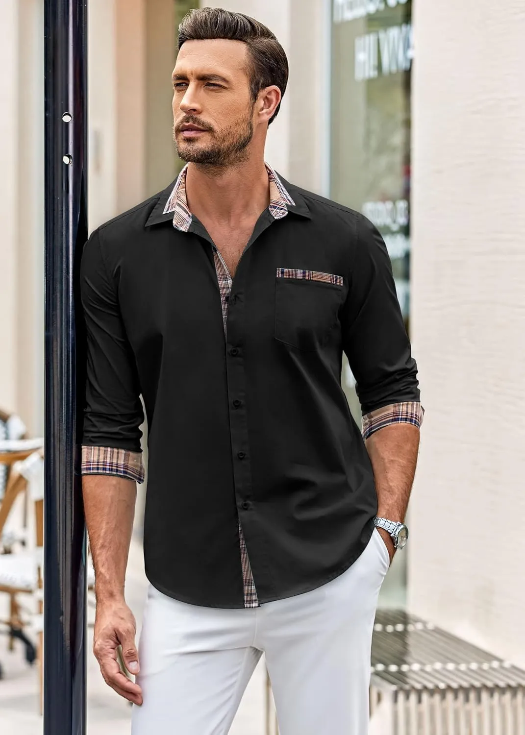 COOFANDY Men's Long Sleeve Dress Shirt Plaid Collar Casual Button Down Shirts