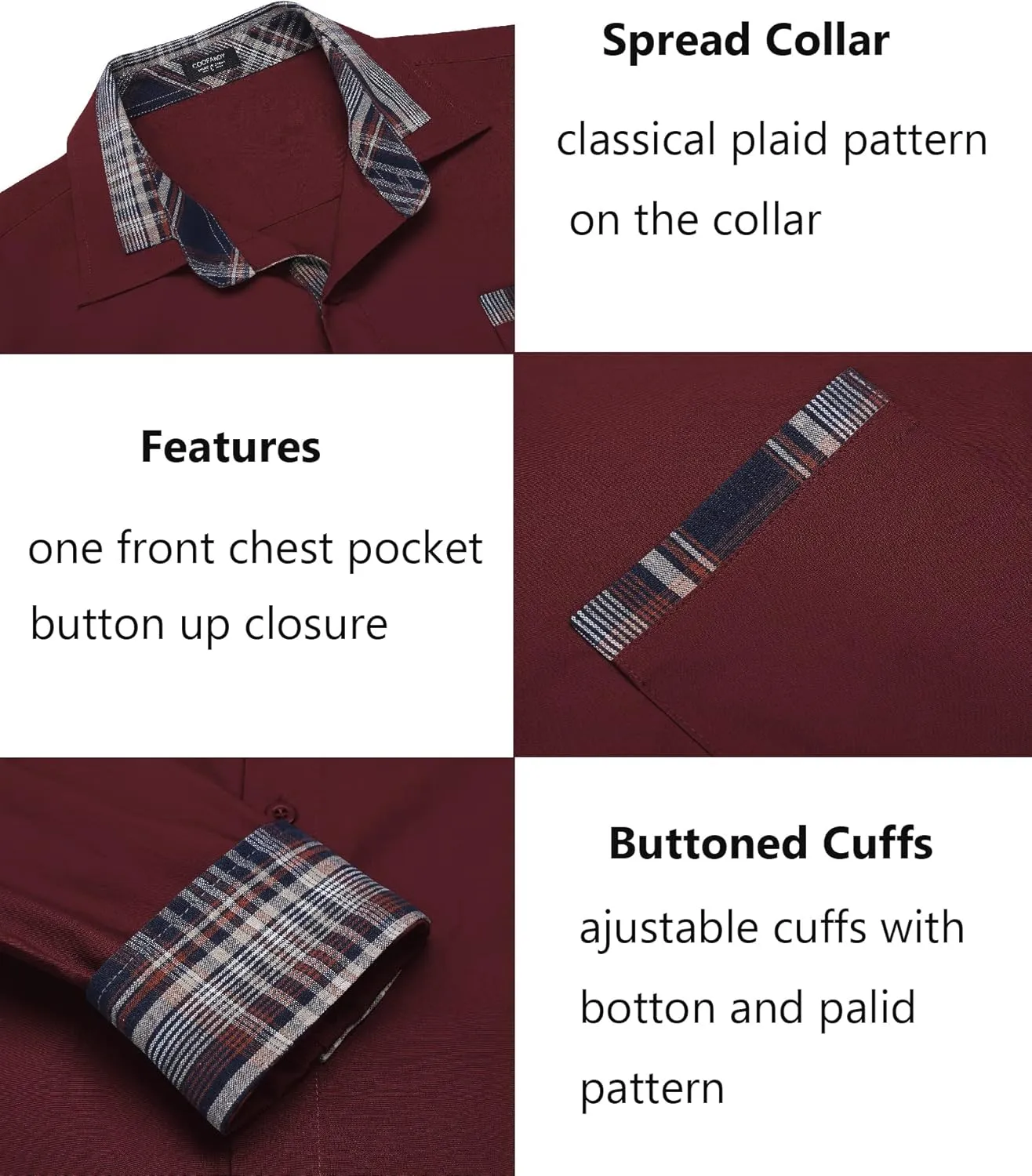 COOFANDY Men's Long Sleeve Dress Shirt Plaid Collar Casual Button Down Shirts