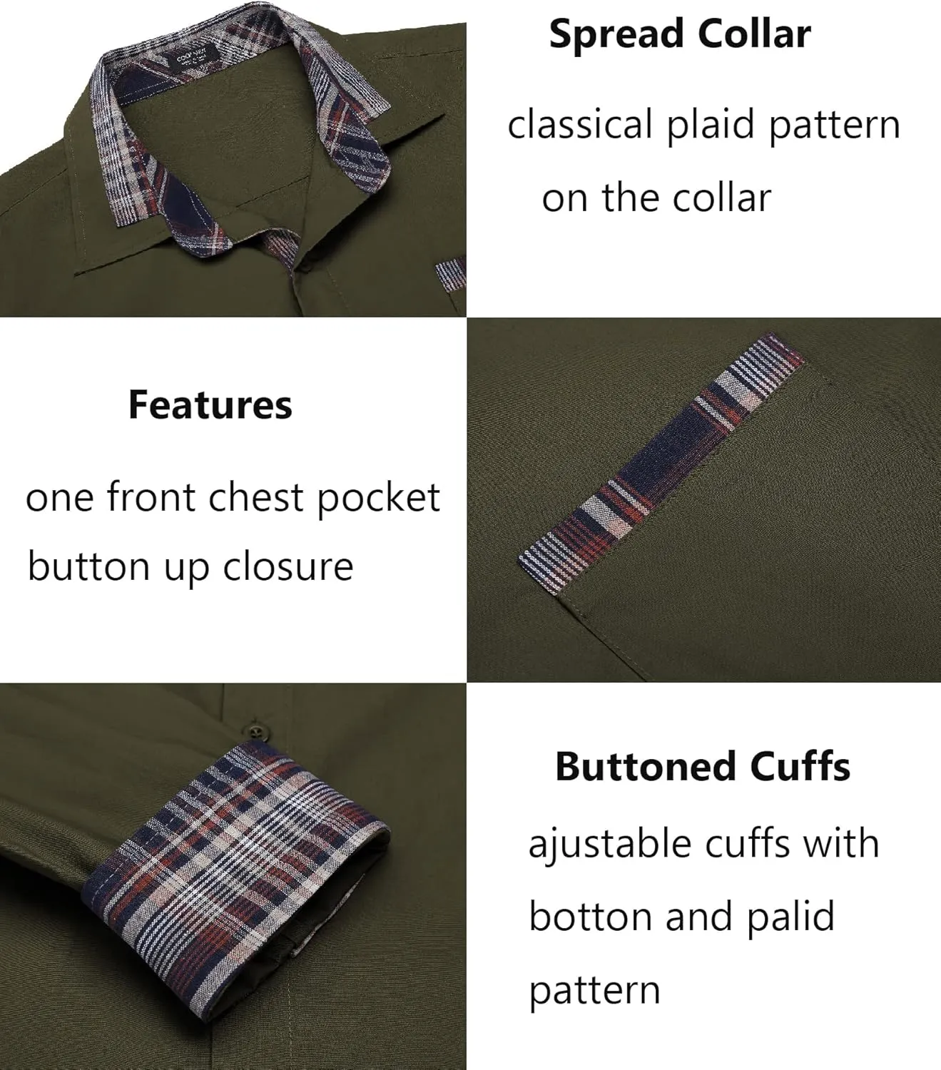COOFANDY Men's Long Sleeve Dress Shirt Plaid Collar Casual Button Down Shirts