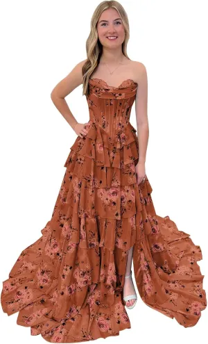 Corset Floral Prom Dresses for Women 2025 Sweetheart Chiffon Strapless Tiered Formal Evening Gown with Slit