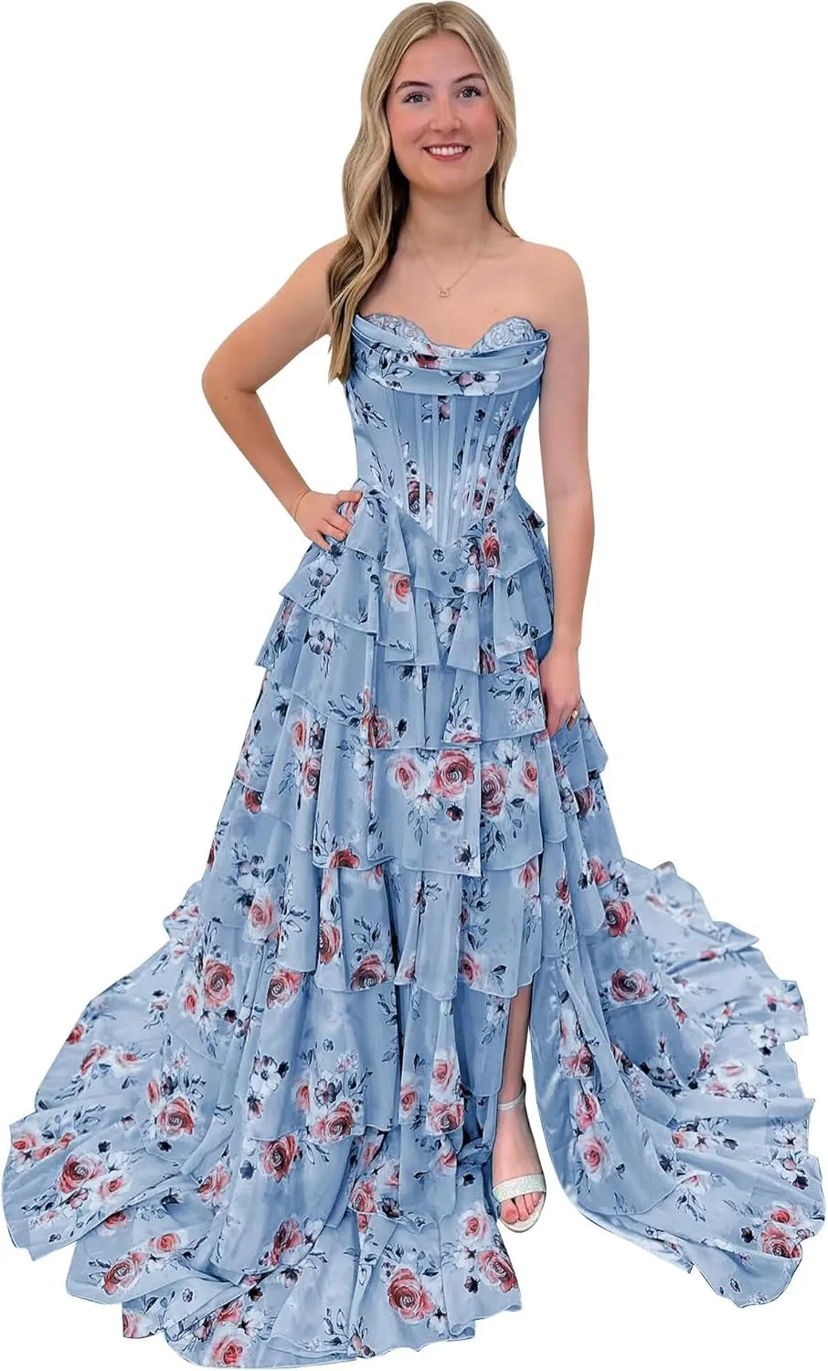 Corset Floral Prom Dresses for Women 2025 Sweetheart Chiffon Strapless Tiered Formal Evening Gown with Slit
