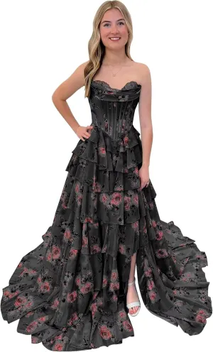 Corset Floral Prom Dresses for Women 2025 Sweetheart Chiffon Strapless Tiered Formal Evening Gown with Slit