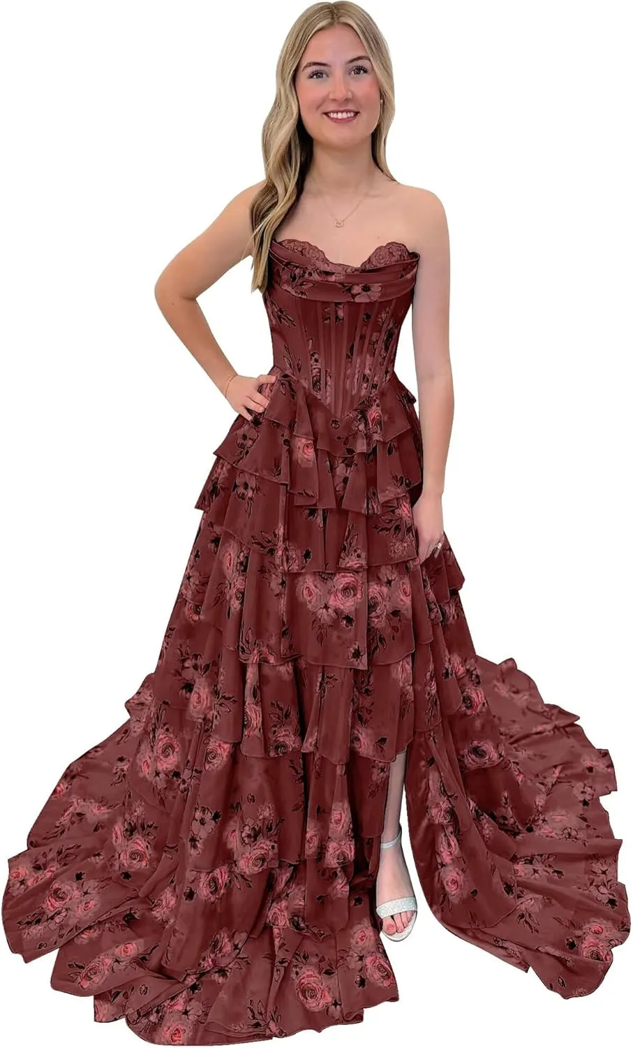 Corset Floral Prom Dresses for Women 2025 Sweetheart Chiffon Strapless Tiered Formal Evening Gown with Slit