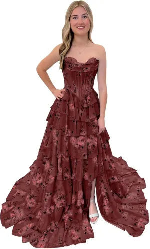 Corset Floral Prom Dresses for Women 2025 Sweetheart Chiffon Strapless Tiered Formal Evening Gown with Slit