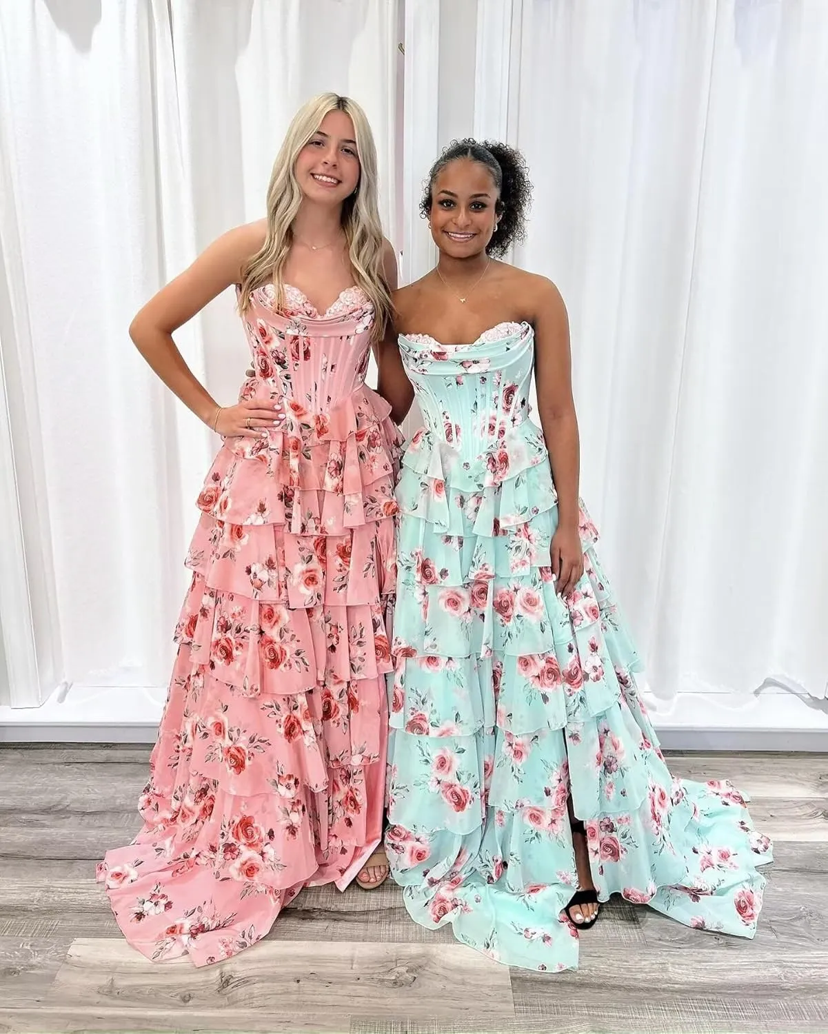 Corset Floral Prom Dresses for Women 2025 Sweetheart Chiffon Strapless Tiered Formal Evening Gown with Slit