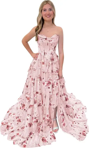 Corset Floral Prom Dresses for Women 2025 Sweetheart Chiffon Strapless Tiered Formal Evening Gown with Slit