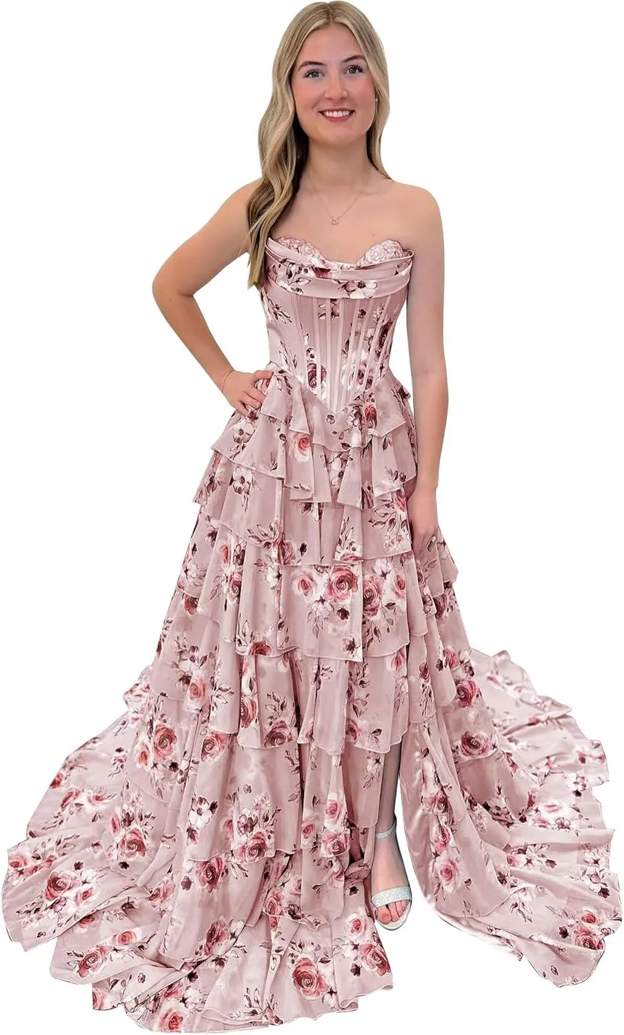 Corset Floral Prom Dresses for Women 2025 Sweetheart Chiffon Strapless Tiered Formal Evening Gown with Slit