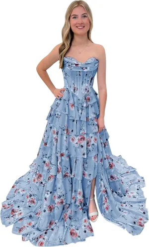 Corset Floral Prom Dresses for Women 2025 Sweetheart Chiffon Strapless Tiered Formal Evening Gown with Slit