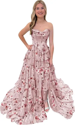 Corset Floral Prom Dresses for Women 2025 Sweetheart Chiffon Strapless Tiered Formal Evening Gown with Slit