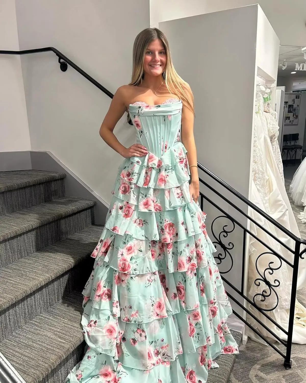 Corset Floral Prom Dresses for Women 2025 Sweetheart Chiffon Strapless Tiered Formal Evening Gown with Slit