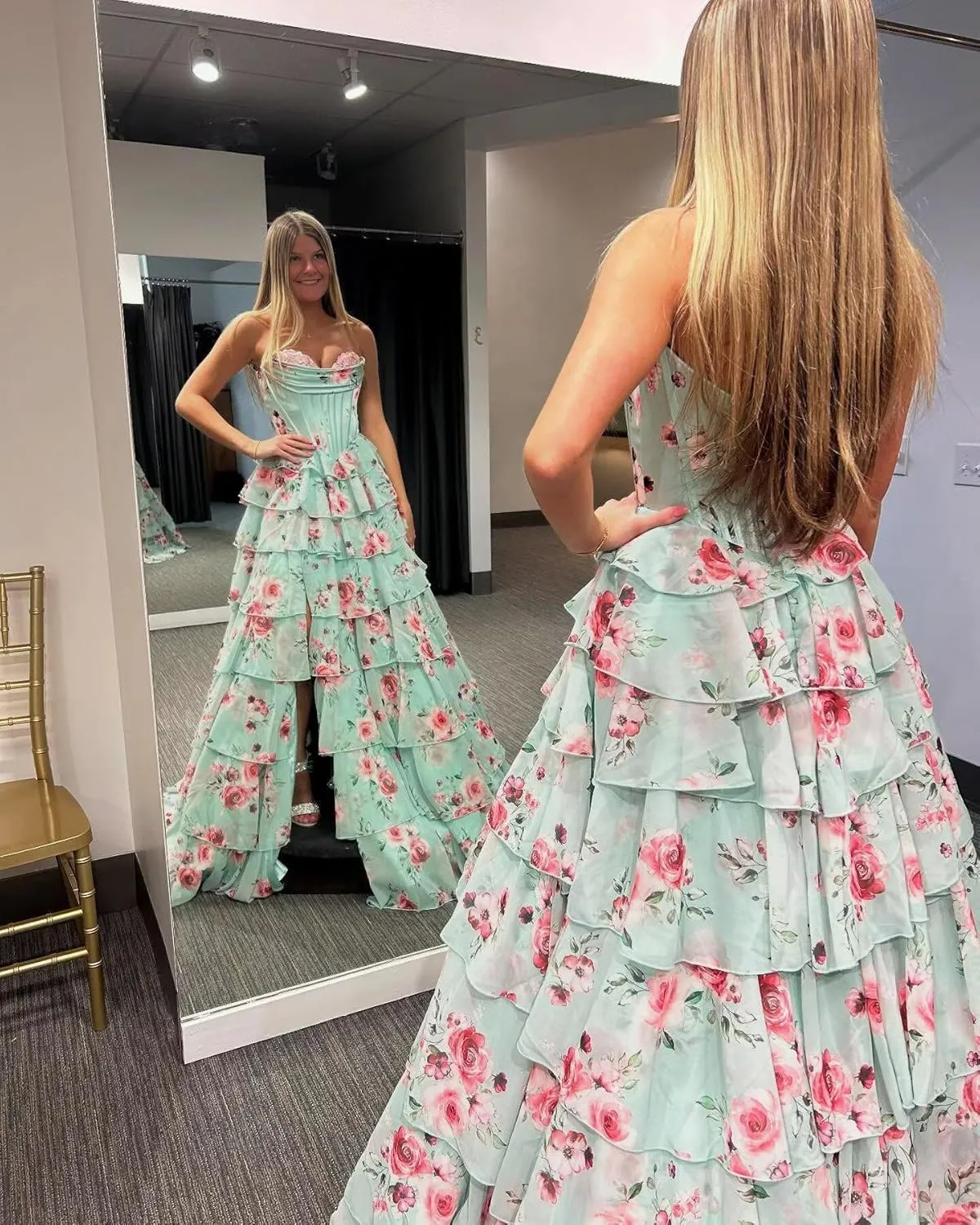 Corset Floral Prom Dresses for Women 2025 Sweetheart Chiffon Strapless Tiered Formal Evening Gown with Slit