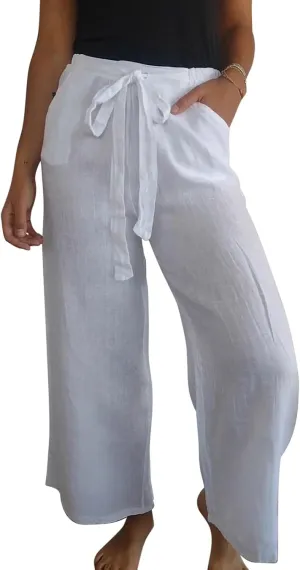 Cotton Line Drawstring Waist Linen Pants for Women High Waist Relaxed Fit Casual Trousers with Pockets