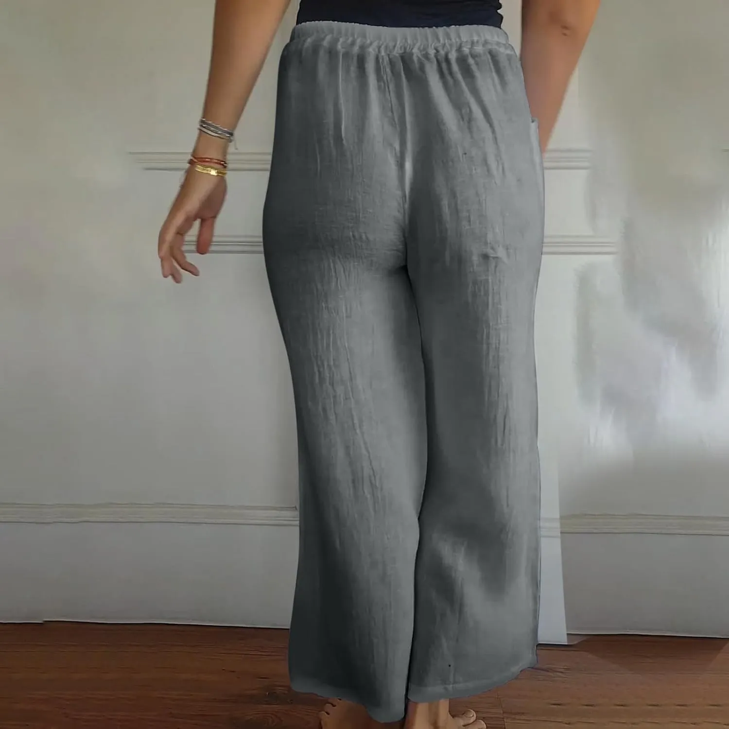 Cotton Line Drawstring Waist Linen Pants for Women High Waist Relaxed Fit Casual Trousers with Pockets