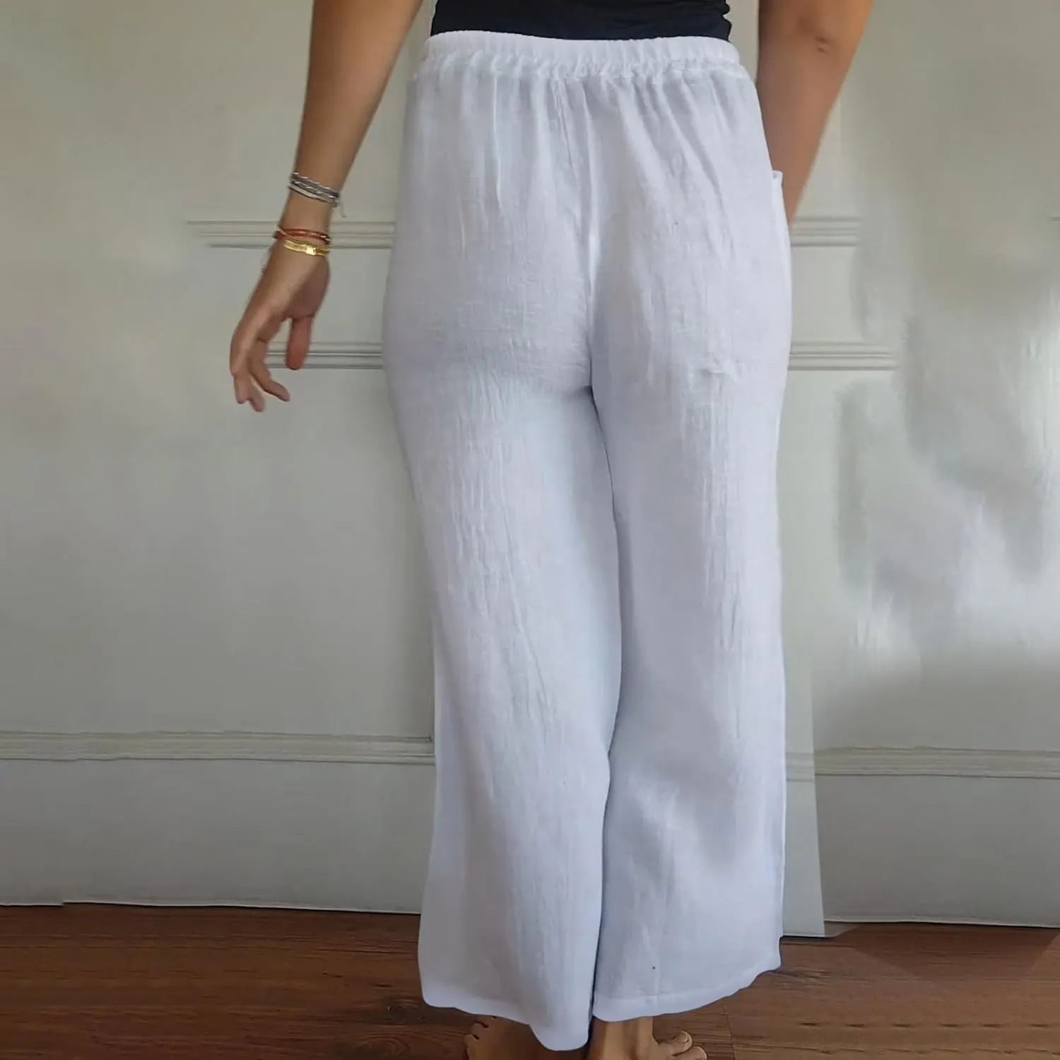 Cotton Line Drawstring Waist Linen Pants for Women High Waist Relaxed Fit Casual Trousers with Pockets