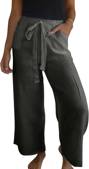 Cotton Line Drawstring Waist Linen Pants for Women High Waist Relaxed Fit Casual Trousers with Pockets