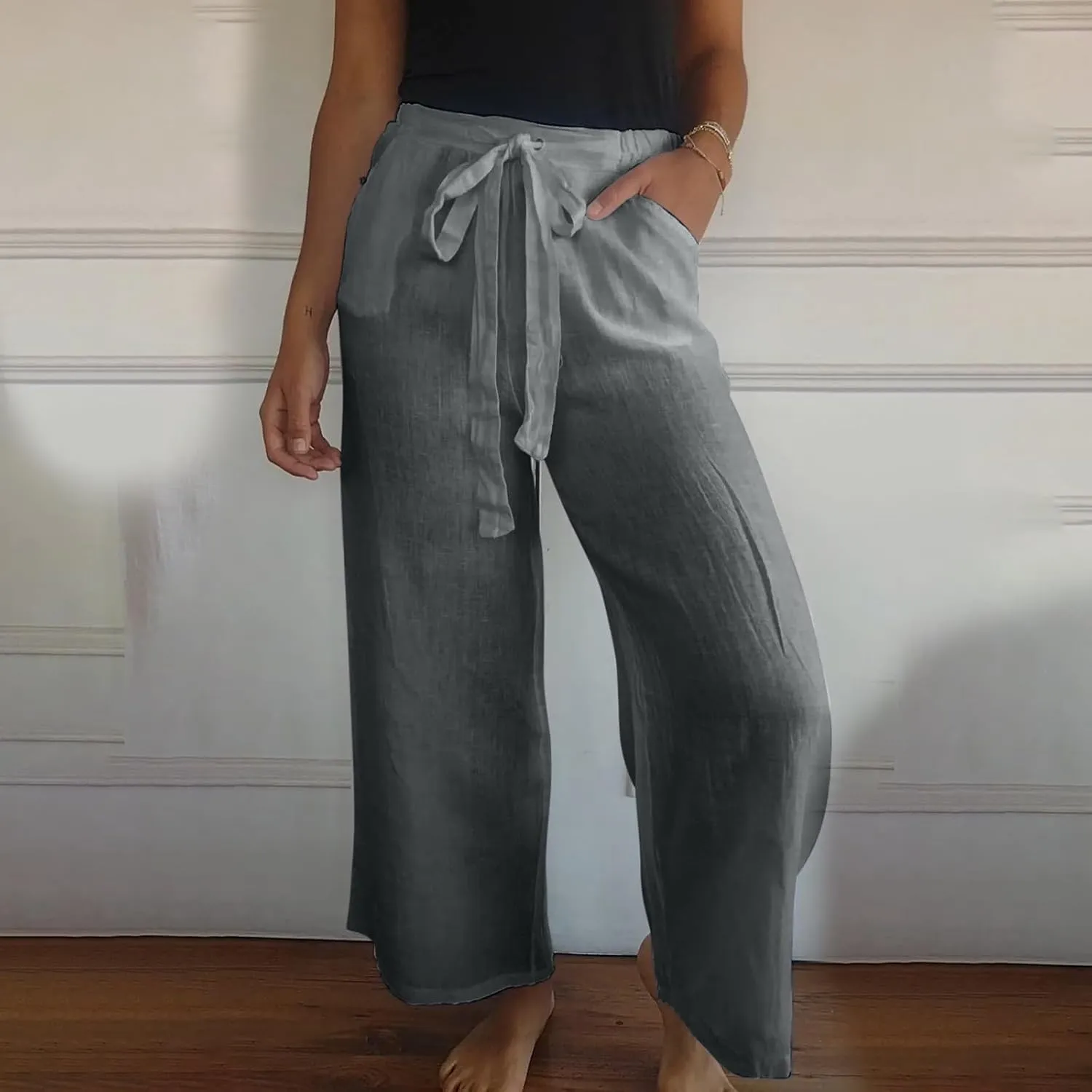 Cotton Line Drawstring Waist Linen Pants for Women High Waist Relaxed Fit Casual Trousers with Pockets
