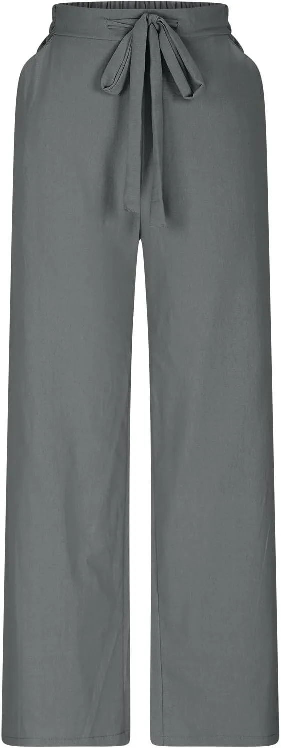 Cotton Line Drawstring Waist Linen Pants for Women High Waist Relaxed Fit Casual Trousers with Pockets